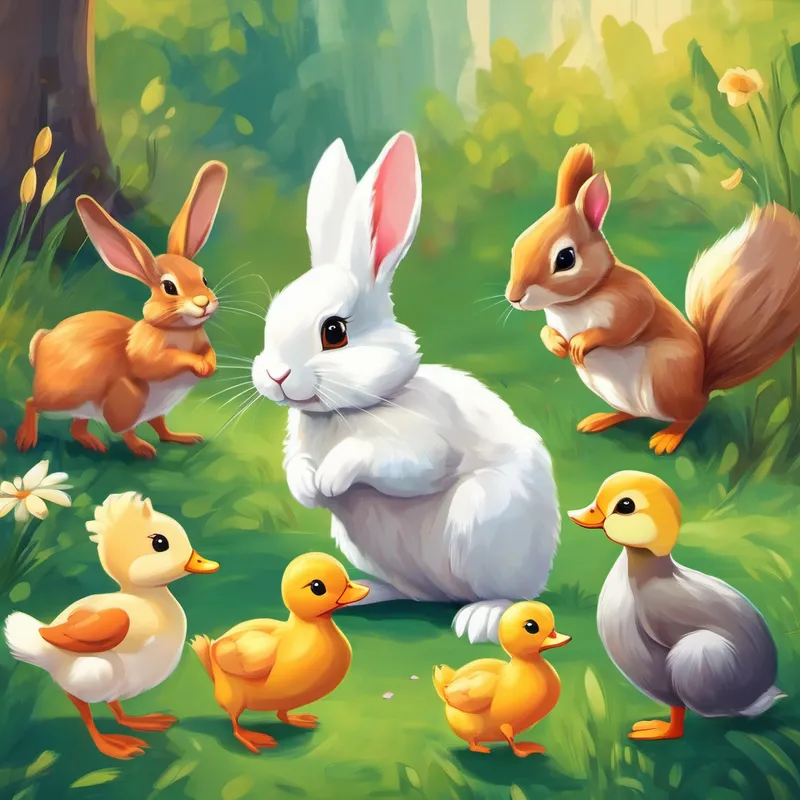 Curious bunny with inquisitive eyes and floppy ears bunny and squirrel with a happy duck family