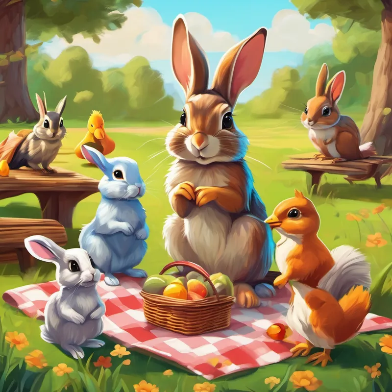 Curious bunny with inquisitive eyes and floppy ears bunny, squirrel, owl, ducks having a picnic