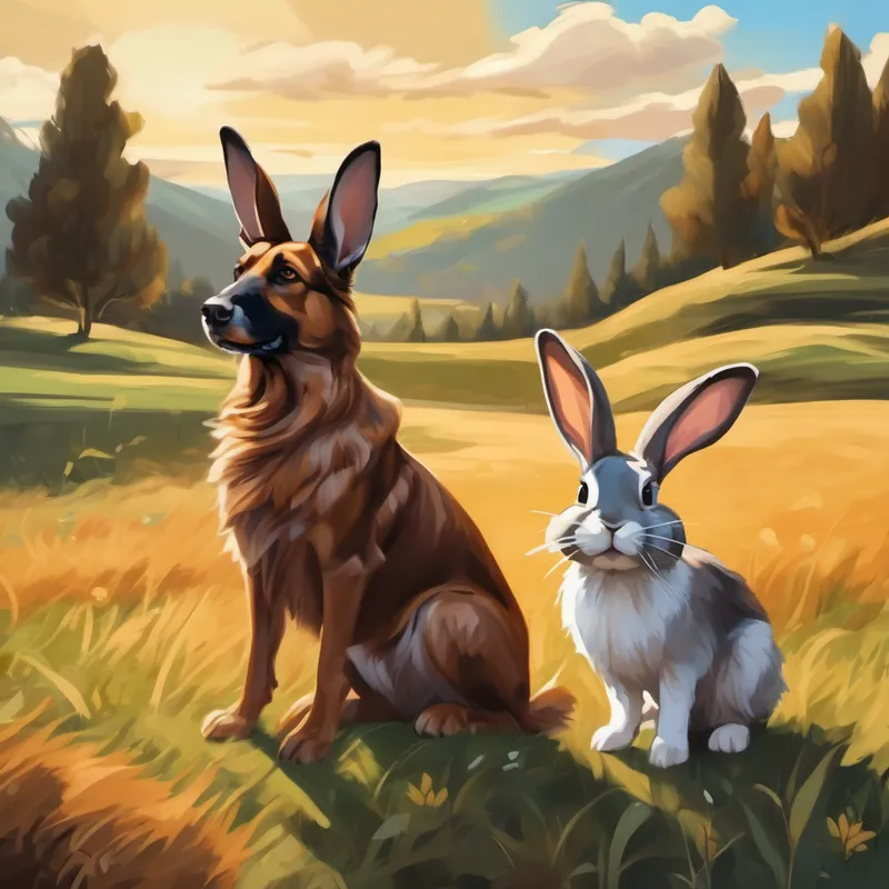 Dog with brown fur and wagging tail Rabbit with floppy ears and twitchy nose