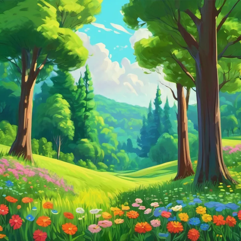 Meadow with green grass, colorful flowers, and tall trees