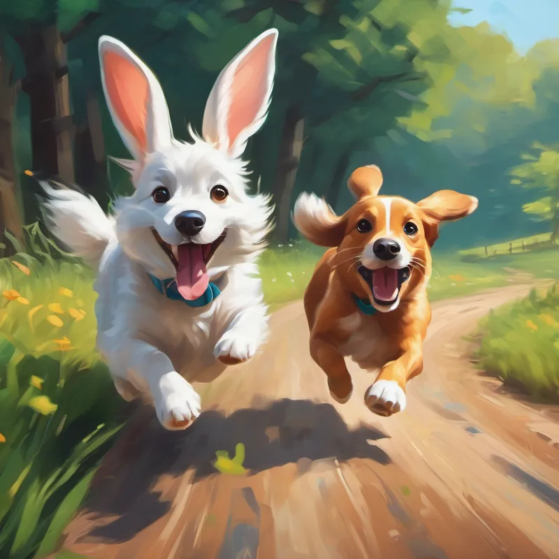 Dog chasing Playful rabbit with floppy ears, twitchy nose, both smiling and having fun