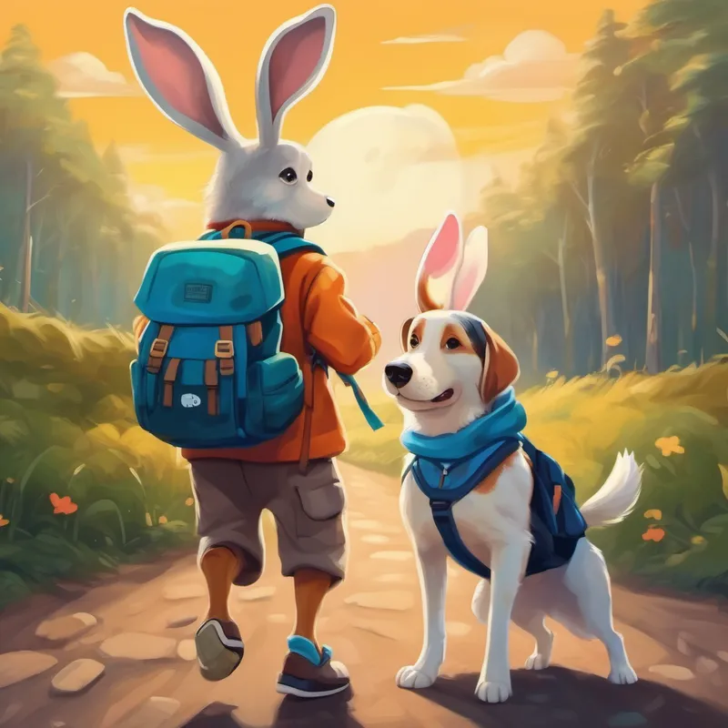Dog and Playful rabbit with floppy ears, twitchy nose with backpacks and hats, ready to explore