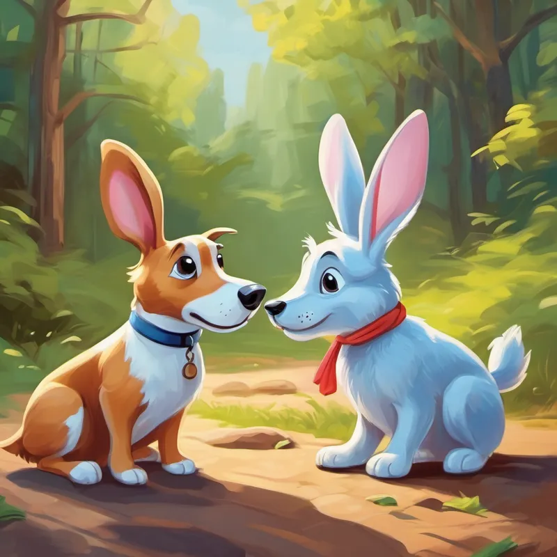 Dog and Playful rabbit with floppy ears, twitchy nose helping each other through obstacles