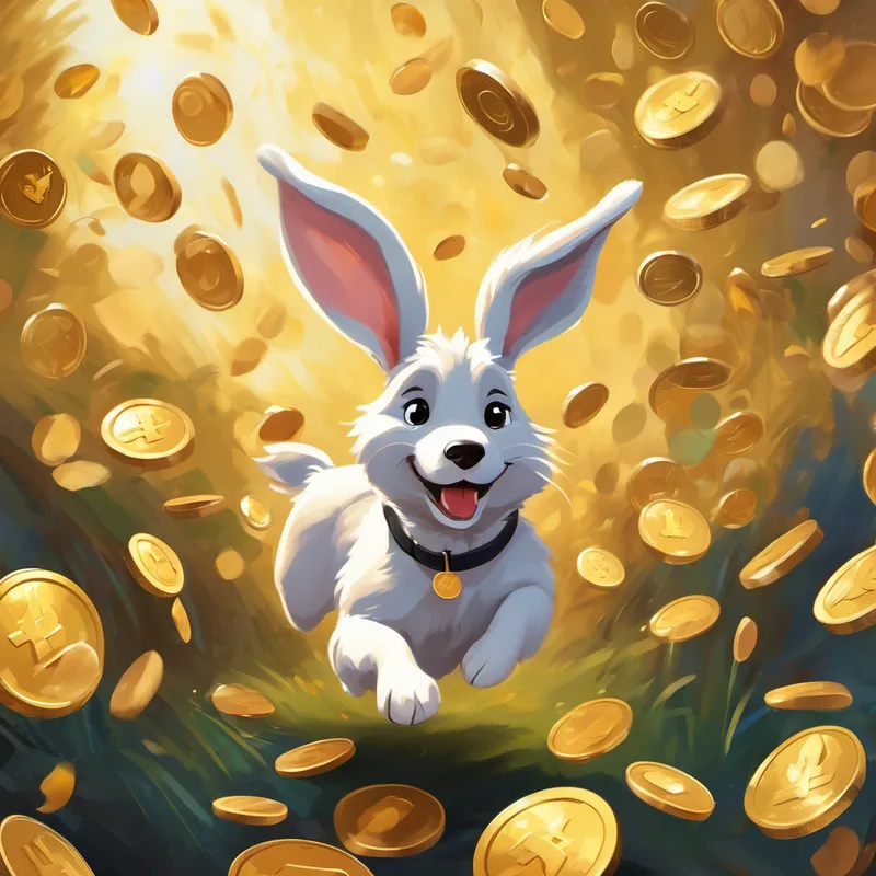 Dog and Playful rabbit with floppy ears, twitchy nose jumping with joy, surrounded by gold coins