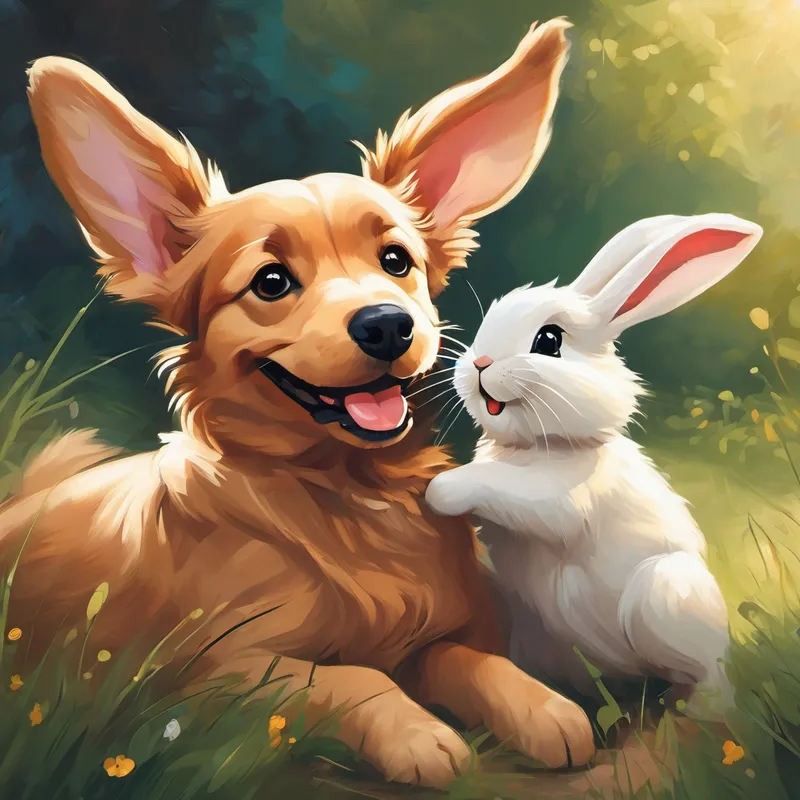 Dog and Playful rabbit with floppy ears, twitchy nose hugging, with big smiles on their faces