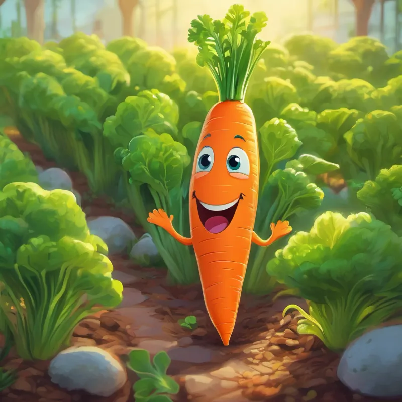 Introducing A bright orange carrot with a friendly face, green sprouting hair in his garden home with his vegetable friends.