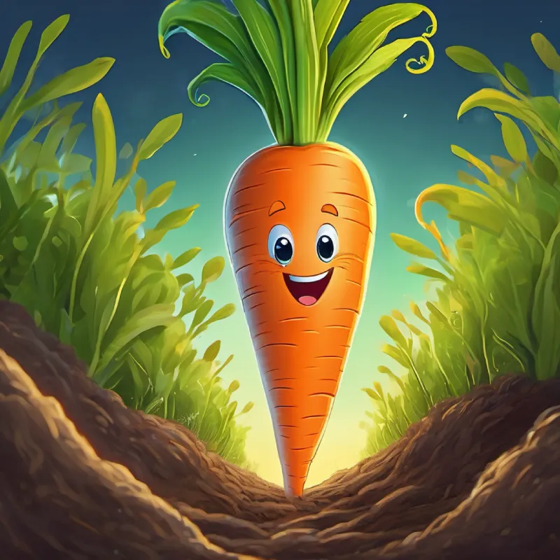 A bright orange carrot with a friendly face, green sprouting hair starts his adventure, exiting the soil into the bigger world.