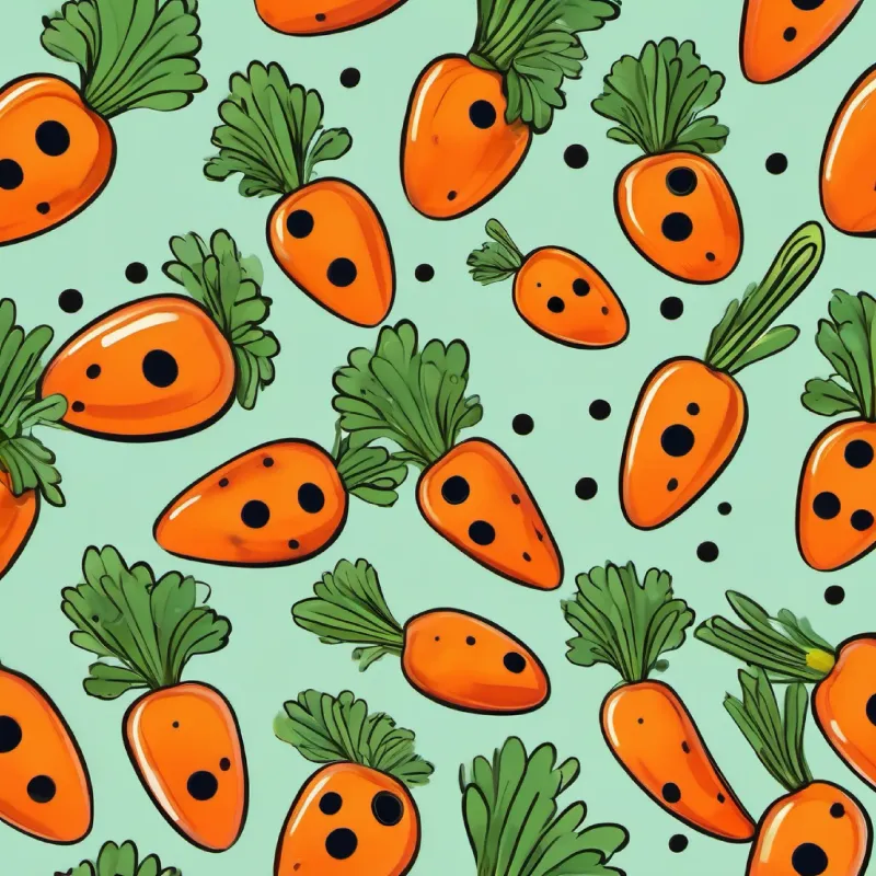 A bright orange carrot with a friendly face, green sprouting hair befriends A small red ladybug with black spots, six legs, and a happy smile the ladybug with a joke.