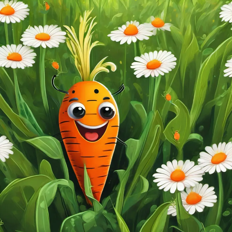 A bright orange carrot with a friendly face, green sprouting hair and A small red ladybug with black spots, six legs, and a happy smile journey to the flower field and meet new friends.