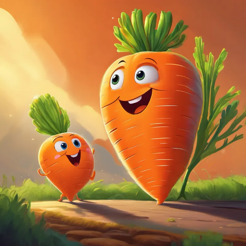 The friends play games, but A bright orange carrot with a friendly face, green sprouting hair stands out for his color and chattiness.