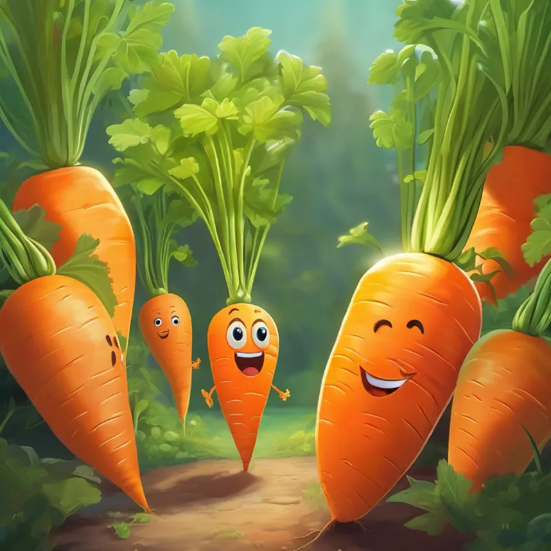 A bright orange carrot with a friendly face, green sprouting hair enjoys his adventure but starts to miss his garden home.