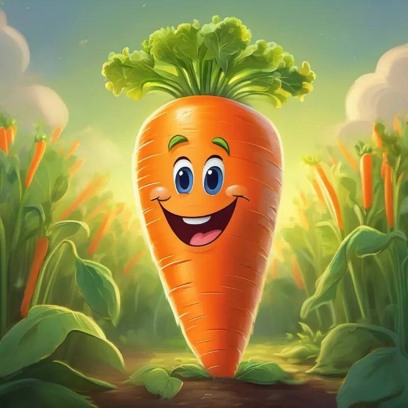 A bright orange carrot with a friendly face, green sprouting hair returns home, becoming the garden's best storyteller.