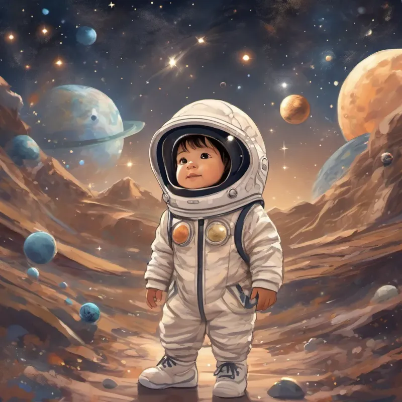 A young child wearing a paper astronaut helmet and a special cloak labeled 'Star Walker', with a background of stars and planets.
