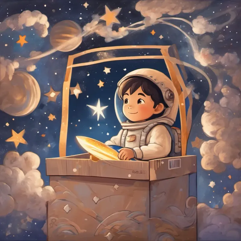 A child sitting in a cardboard box labeled 'Rocket Longlee', surrounded by stars, with a dreamy expression, imagining a space journey.