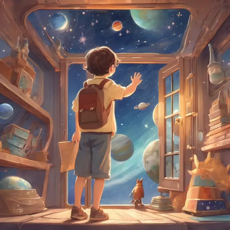 The child waving goodbye to the stars and planets, stepping into their cardboard box spaceship, looking back one last time.