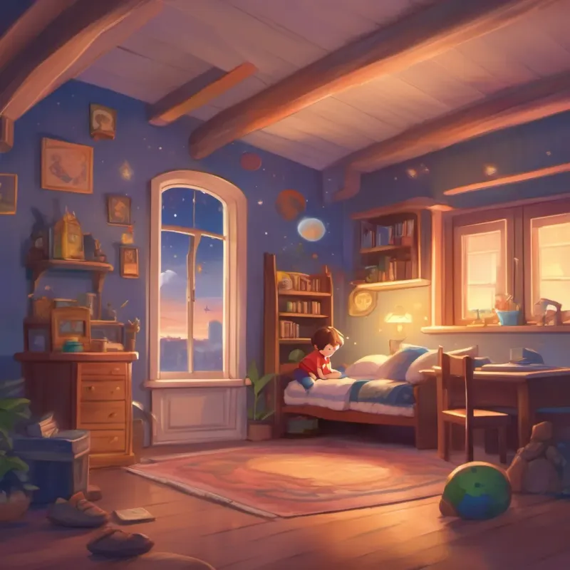 The child back in their room with a huge smile, pondering their next adventure, with nighttime and a rocket safely landed nearby.