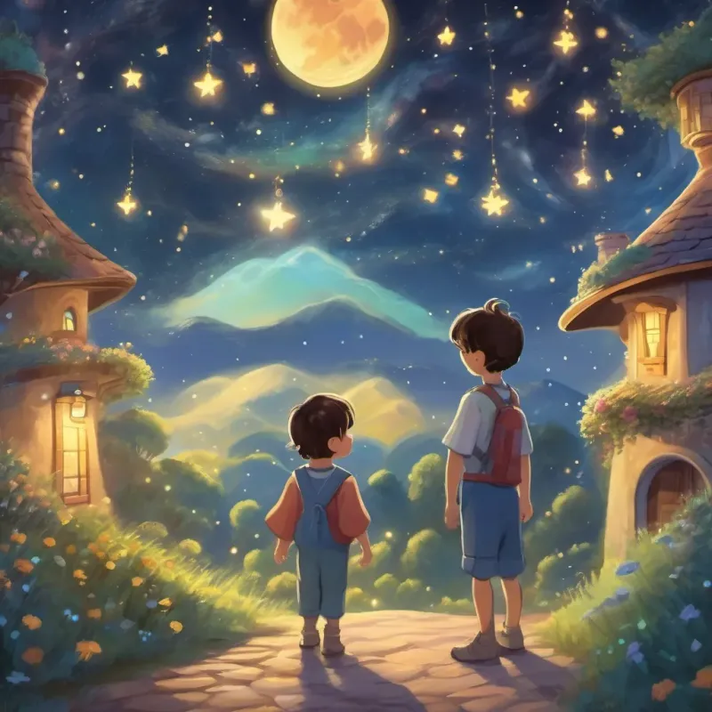 A smiling moon and twinkling stars welcoming the child to the galaxy, with playful expressions.