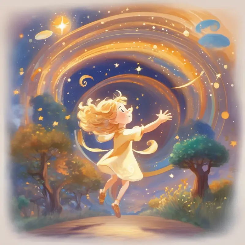 A personified star named 'Star Leo' inviting the child to dance in the sky, with swirls of light and cheerful demeanor.