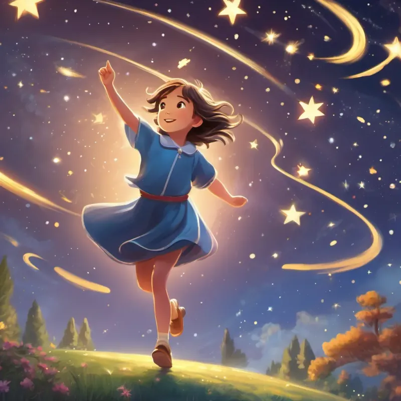 A child and a personified star dancing joyfully among the stars, with comets and sparkling trails in the background.