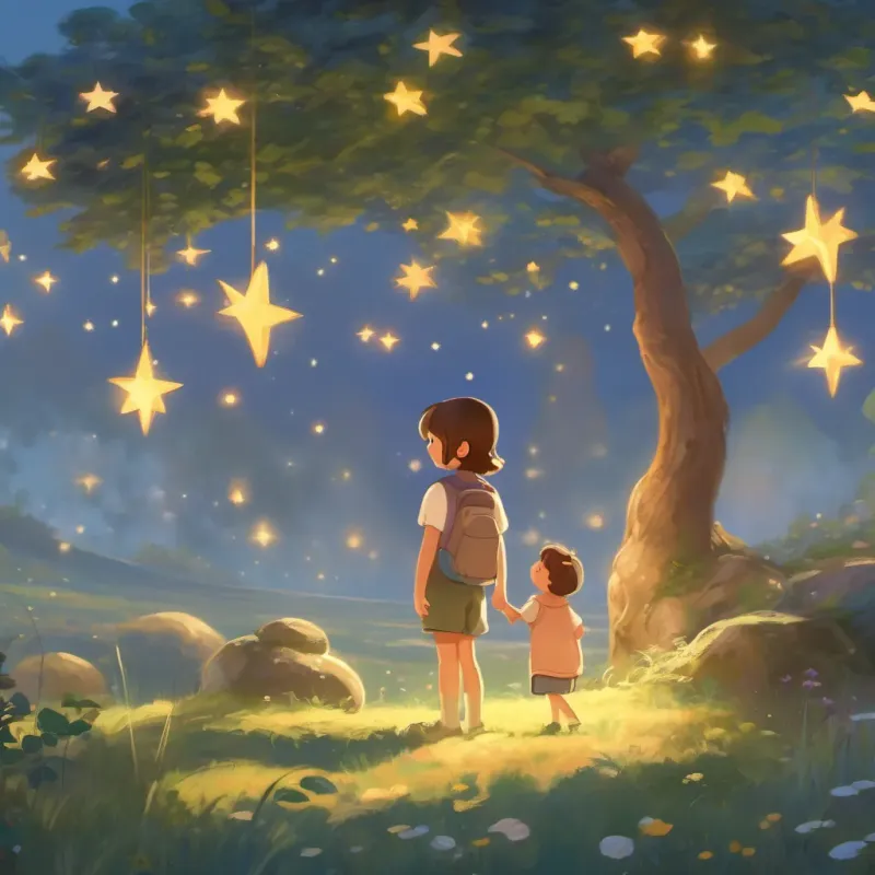 A tiny personified star named 'Freddie' softly talking to the child and their star companion, with a shy but shining presence.
