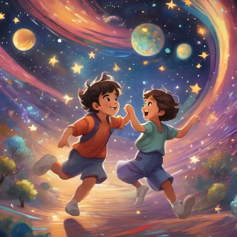 The child, 'Star Leo', and 'Freddie' dancing together joyfully in space, with a trail of stardust creating a whimsical dance floor.