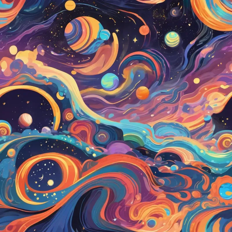 A colorful planet named 'Planet Dazzle', with vibrant and swirling patterns, and a galaxy of stars surrounding it.