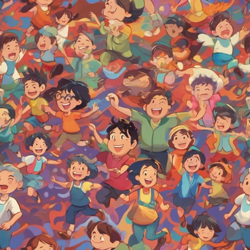 Inhabitants of 'Planet Dazzle' joyfully running and singing with vibrant colors and dynamic backgrounds, embodying happiness.