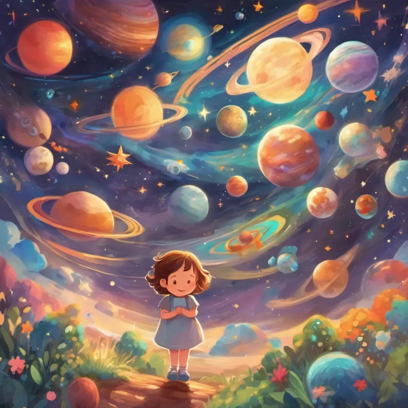 The child feeling their heartbeat and laughing, surrounded by friendly, personified stars and planets, floating in a vivid and fantastic space.
