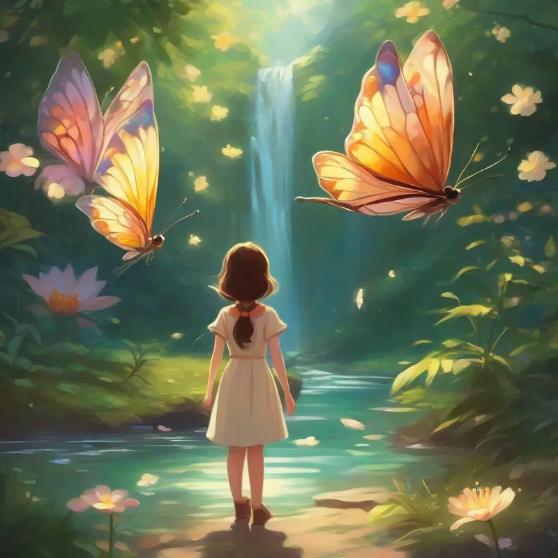 Lily sees a beautiful butterfly by a sparkling stream