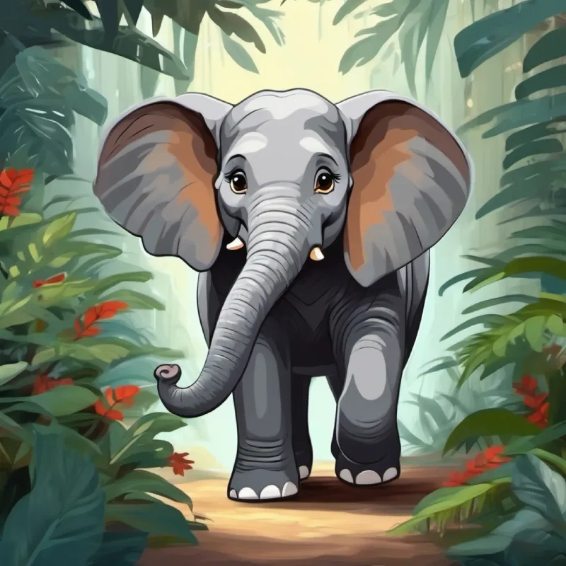 no christmas theme.Happy elephant, gray with brown eyes and a big smile's home in the jungle is described.