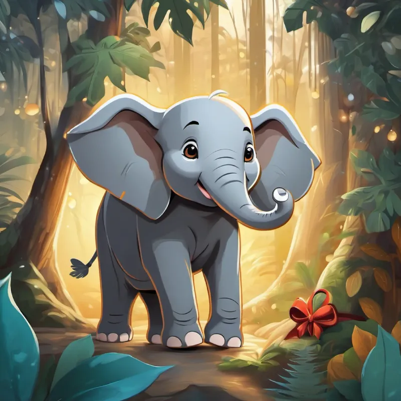 The introduction. Happy elephant, gray with brown eyes and a big smile's home in the jungle is described. No Christmas decorations