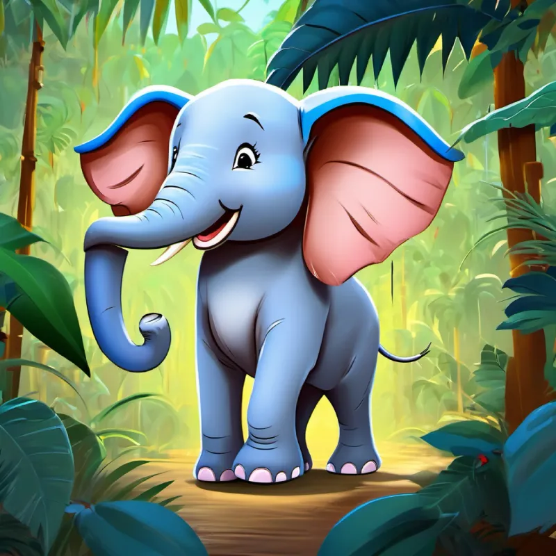 The introduction. Happy elephant, gray with brown eyes and a big smile's home in the jungle is described.Instead of christmas lights put bananas
