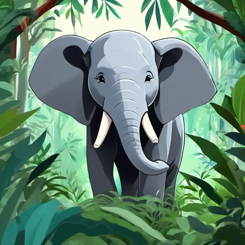 The introduction. Small grey elephant in a vast jungle full of greenery.