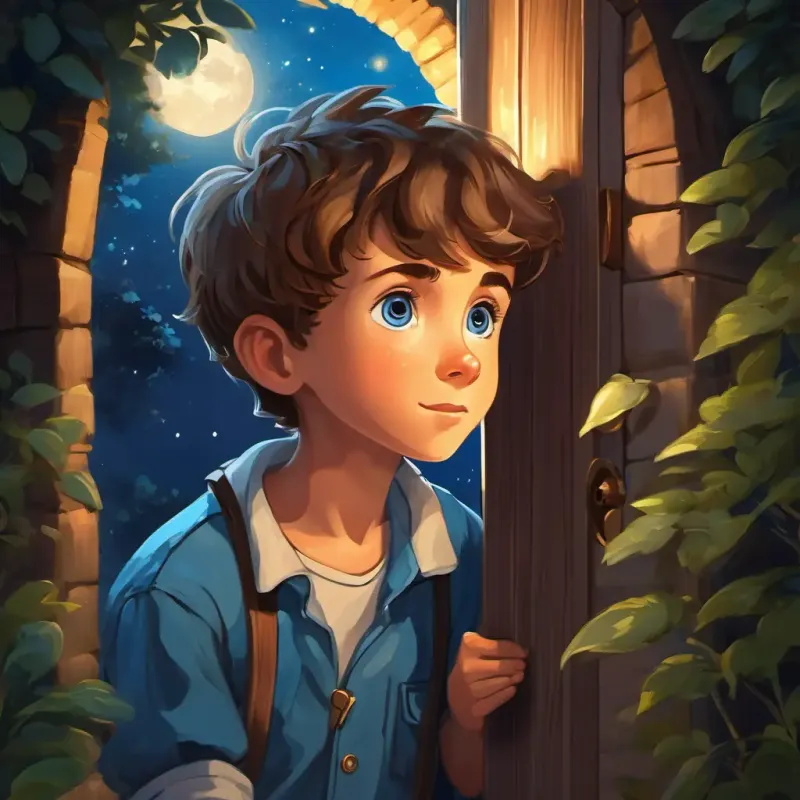Bobby - a curious boy with sandy hair and sparkling blue eyes, a curious boy, finds a hidden door under the moonlight.