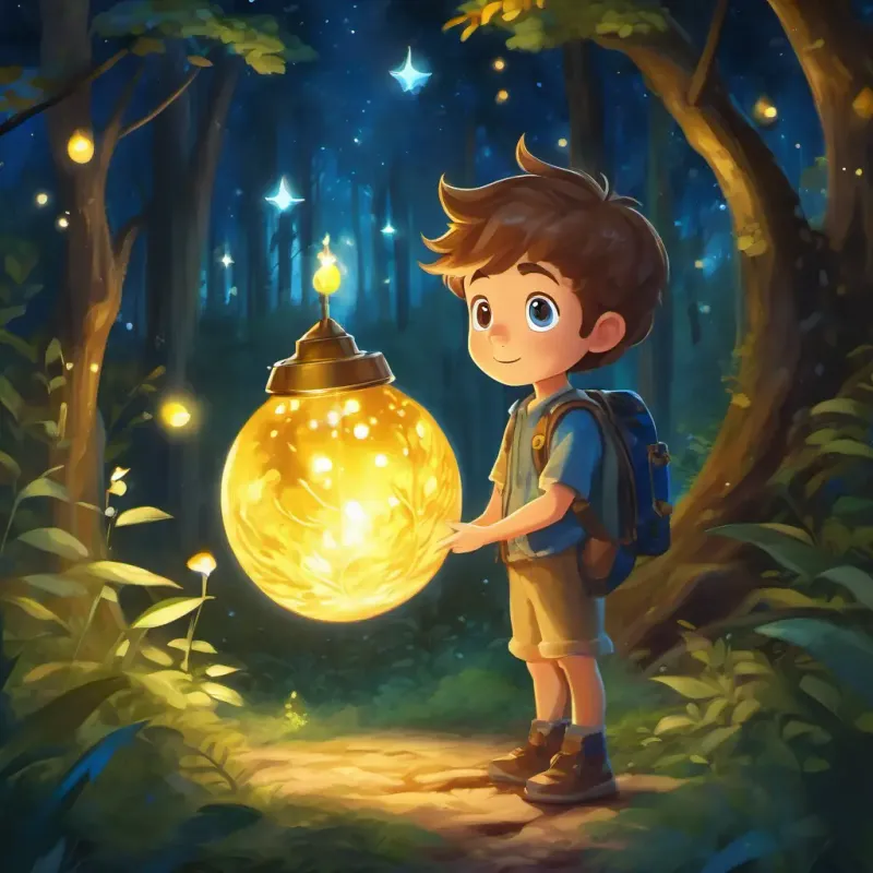 Bobby - a curious boy with sandy hair and sparkling blue eyes and Starry Steve - a magical firefly with a glowing yellow light explore a moonlit forest with magical creatures.