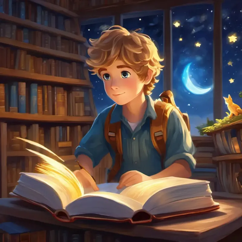 Bobby - a curious boy with sandy hair and sparkling blue eyes and Starry Steve - a magical firefly with a glowing yellow light find a secret library filled with glowing moon books.