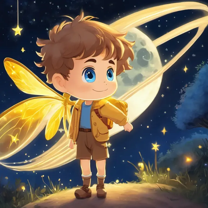 Bobby - a curious boy with sandy hair and sparkling blue eyes and Starry Steve - a magical firefly with a glowing yellow light bid farewell to the moonlit world, ready for their next adventure.