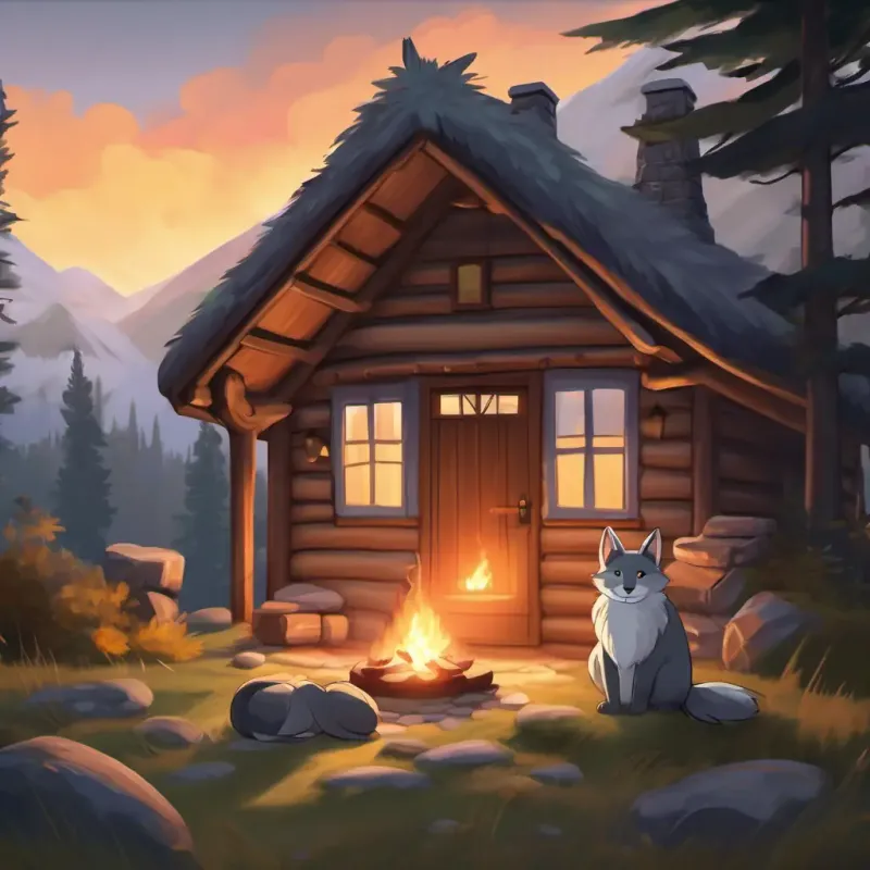 Cozy cabin, Gray fur, wise eyes, friendly smile, crackling fireplace, warmth and comfort.