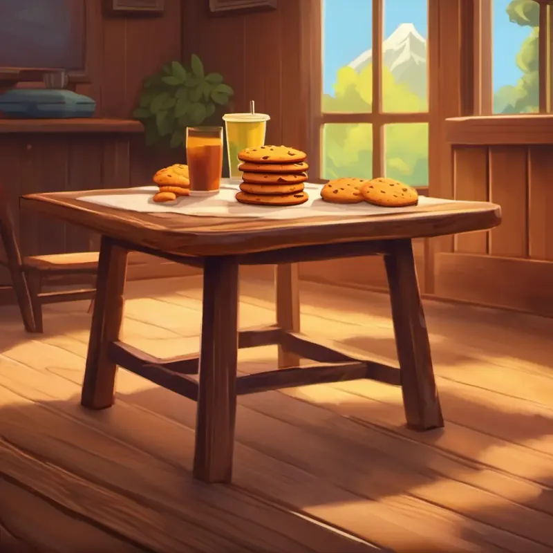 Simple wooden table, untouched cookie and fries, anticipation and wonder.