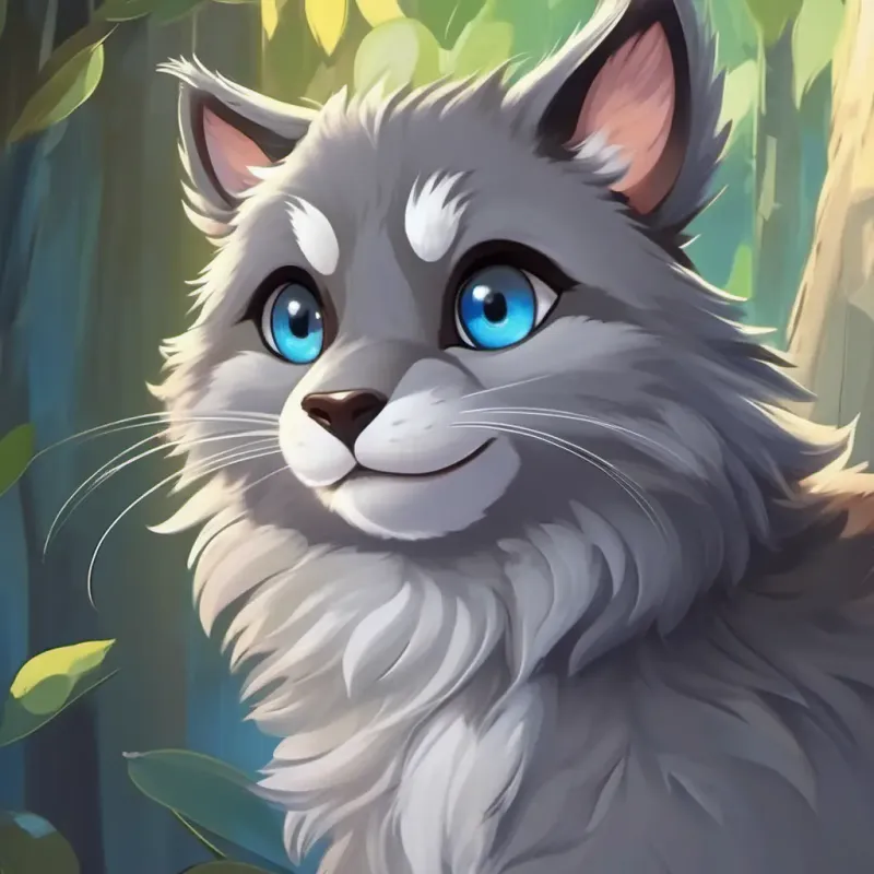 Mischievous Gray fur, wise eyes, friendly smile, glint in his eye, determination, fun and excitement.