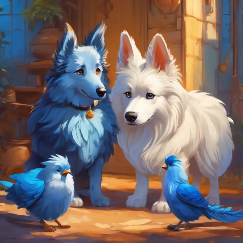 Old dog's friends, Fluffy tail, quick movements, bright eyes and Vibrant blue feathers, sharp beak, curious gaze, teamwork, friendship and cooperation.