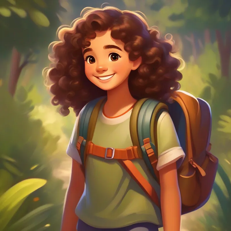 A smiling girl with brown eyes, curly brown hair, and olive-colored skin. is smiling and holding her backpack, ready for adventure.