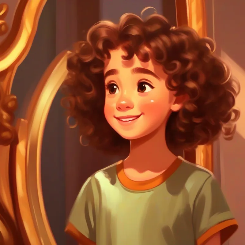 A smiling girl with brown eyes, curly brown hair, and olive-colored skin. is standing in front of a mirror, examining her features with curiosity.