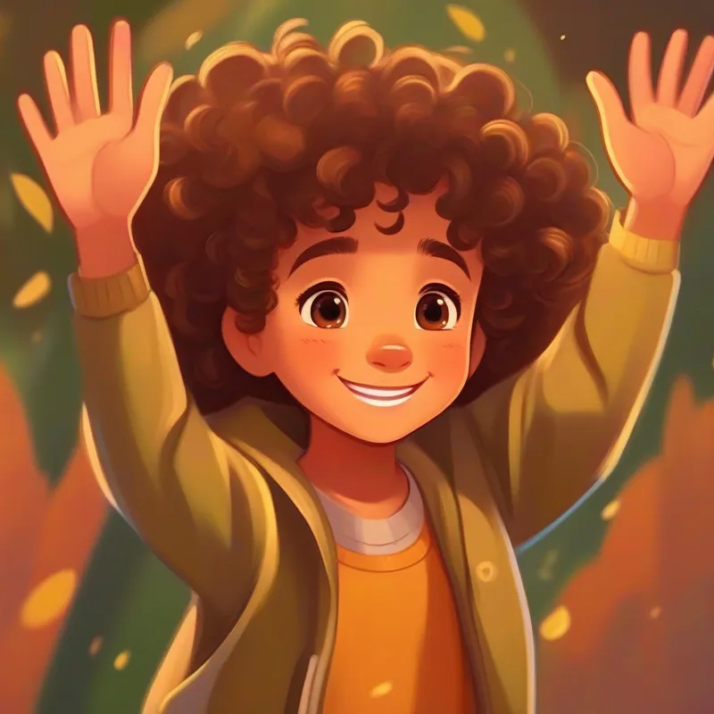 A smiling girl with brown eyes, curly brown hair, and olive-colored skin. is holding her hands up, showing her palms while looking at her heart.