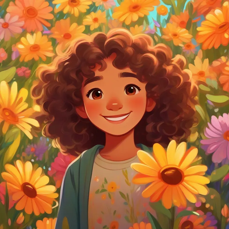 A smiling girl with brown eyes, curly brown hair, and olive-colored skin. is standing tall and confident, surrounded by colorful flowers.
