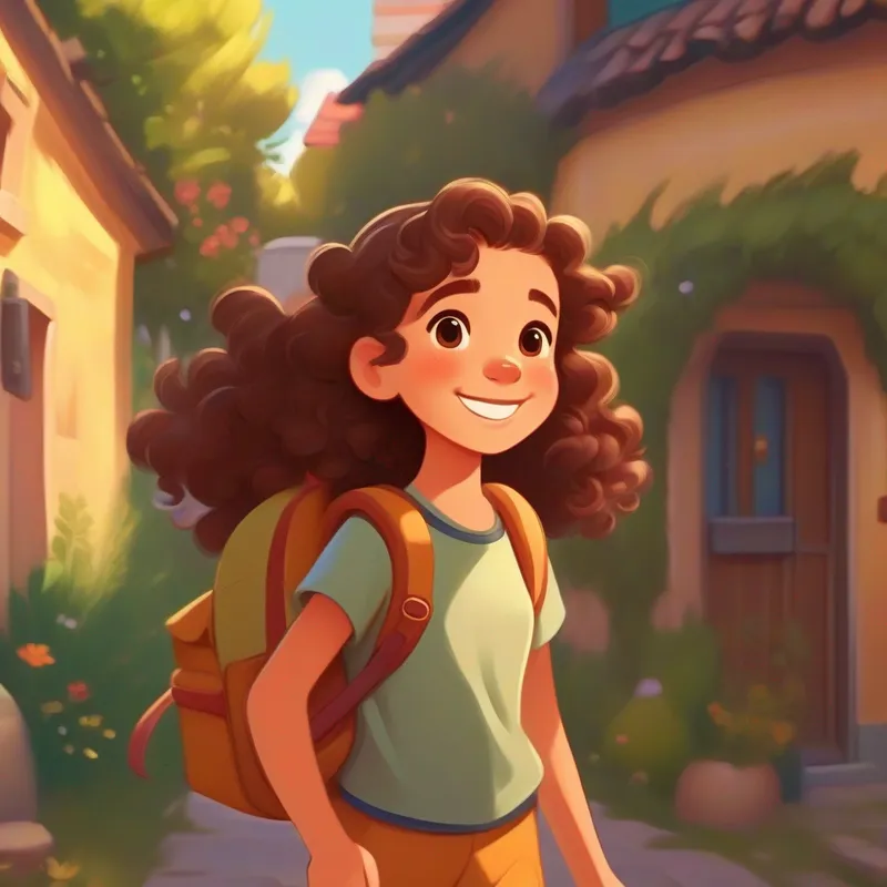 A smiling girl with brown eyes, curly brown hair, and olive-colored skin. is happily walking towards her house, with a backpack by her side.