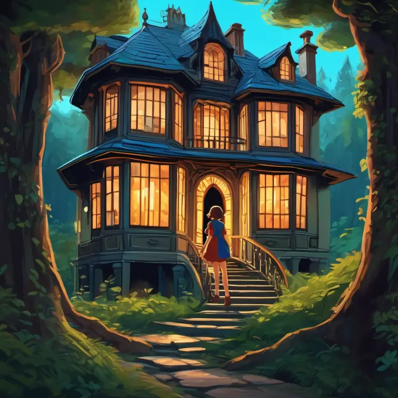 A spooky mansion in a forest with creaky floors and secret passageways. Brave girl with brown hair and blue eyes, a brave girl, decides to explore it.