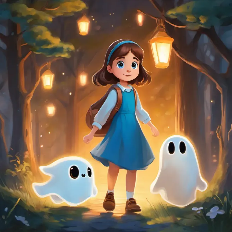 Brave girl with brown hair and blue eyes hears footsteps and finds Friendly ghost with a white glow and kind eyes, the friendly ghost, who just wants a friend.