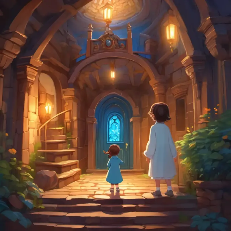 Brave girl with brown hair and blue eyes and Friendly ghost with a white glow and kind eyes become friends, exploring secret passages and having fun in the mysterious mansion.