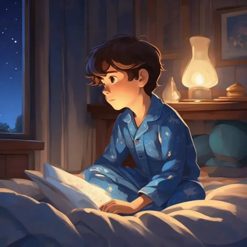 Young boy, brown hair, blue pajamas lying awake, room dark, night peaceful